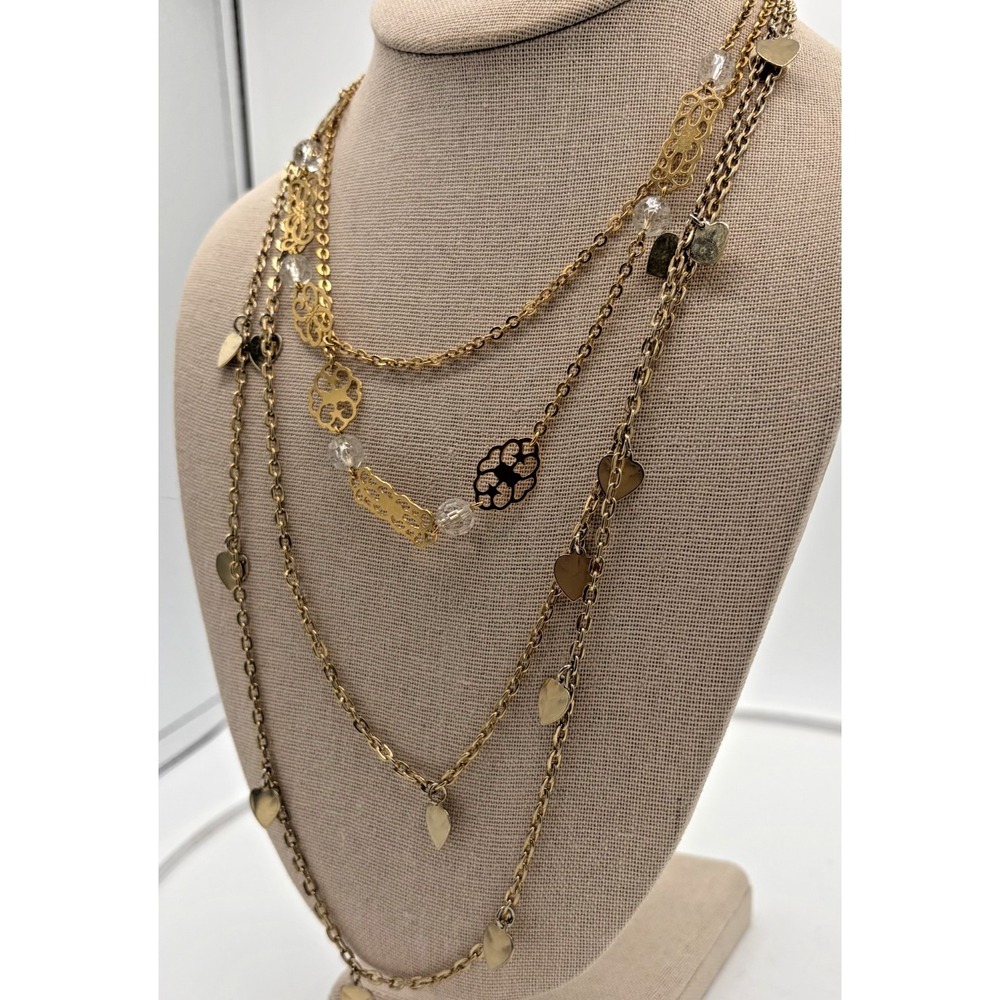 Vintage Hearts Dangle Filigree Clear Beaded Boho Gold tone Layering Necklaces